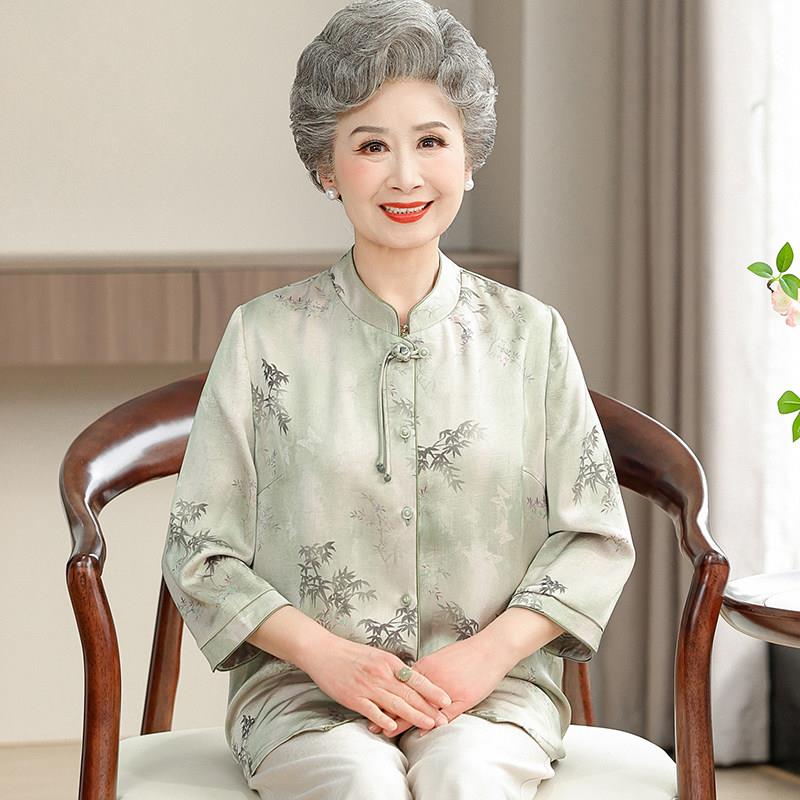 【桑蚕丝100%】国风中老年人奶奶夏装衬衫女七分袖真丝上衣套装
