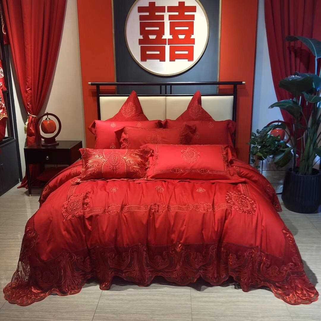 欧式婚庆刺绣蕾丝80支全棉结婚房大红四六十件套婚庆双人床上用品
