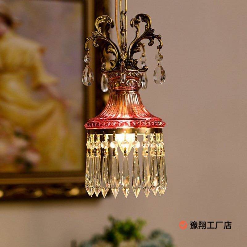 法式水晶小吊灯氛围感复古轻奢全铜卧室床头玄关过道走廊阳台吊灯