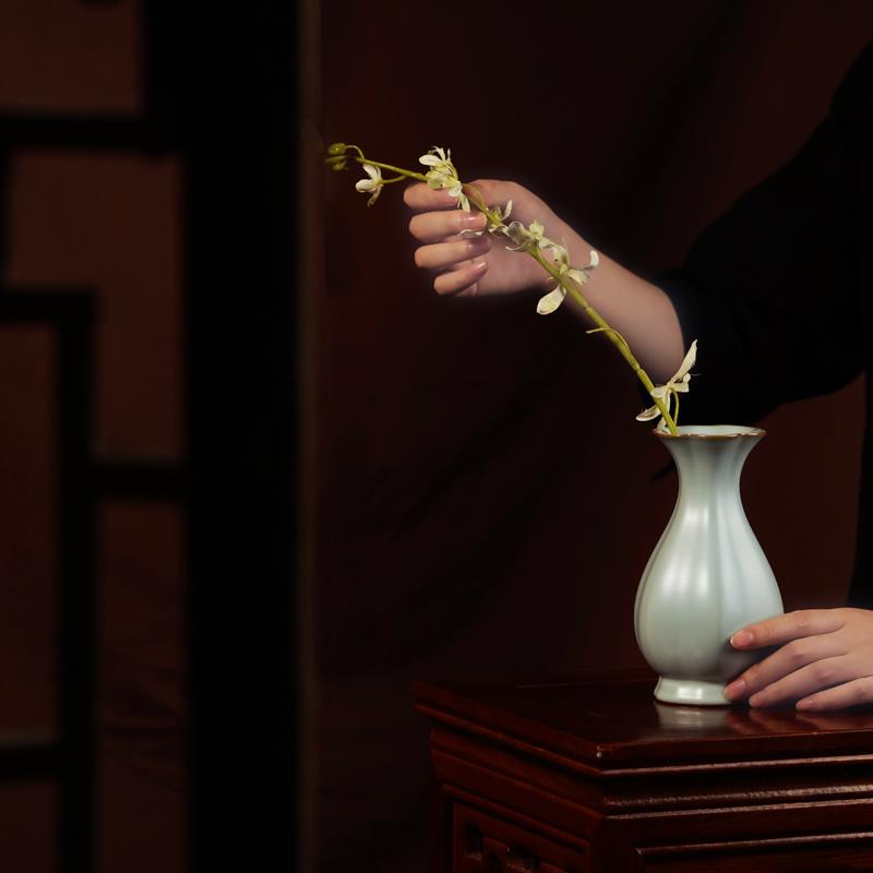 高档花景镇德陶瓷葵口花瓶件客厅插仿古汝窑瓷器中式手工摆青瓷礼