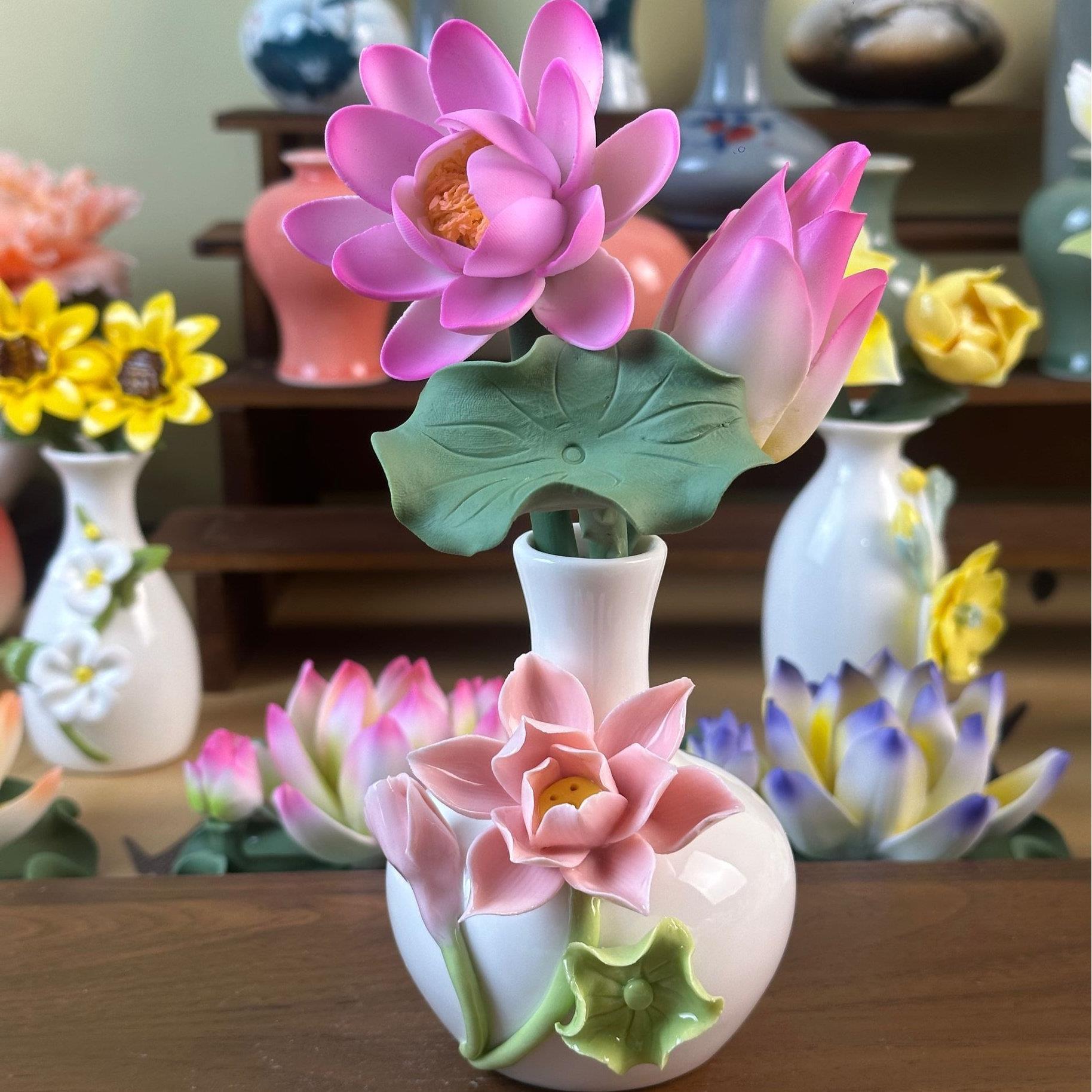 景德镇陶瓷花牡丹花手工捏花瓷器精致摆件插花瓶装饰品家居永生花
