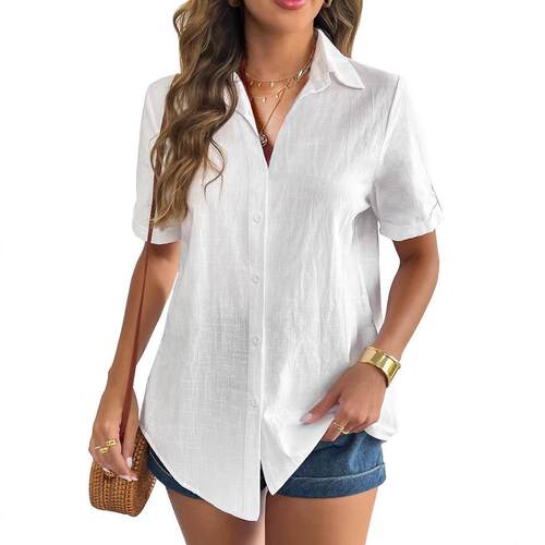 Women'S Linen Button-Down Blouse Short-Sleeve With Rolled