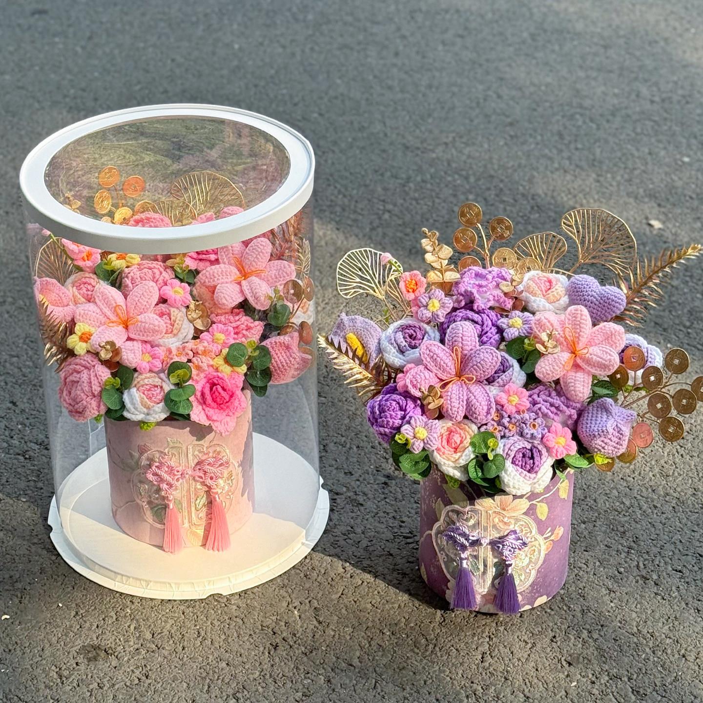 手工针织玫瑰郁金香毛线花创意抱抱桶新年礼物送女友闺蜜乔迁花束