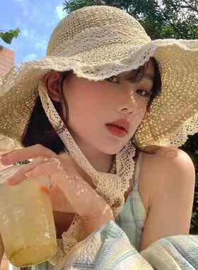 夏季防晒帽子女2025新款遮阳帽海边度假沙滩大檐草编飘带太阳草帽