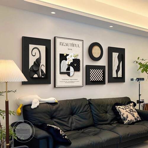 现代简约客厅装饰画黑白灰极简沙发背景墙挂画轻奢高级感组合壁画