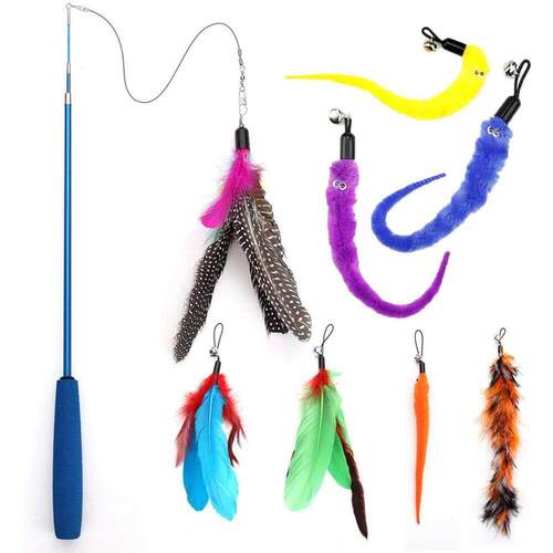 Cat Interactive Toy Feather Teaser Stick Wand Pet Retractabl