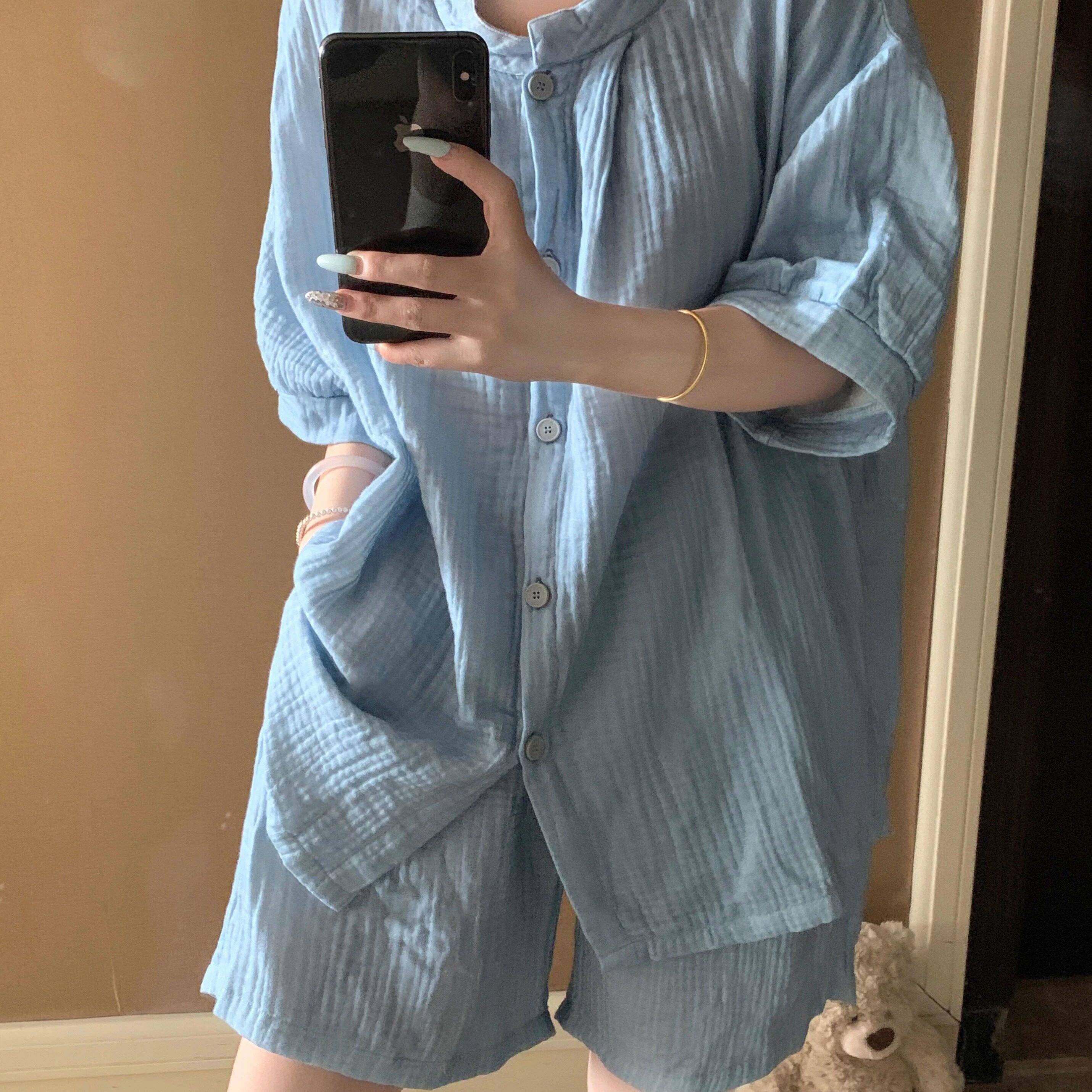 大尺码简约纯色棉纱睡衣女夏季2026新款短袖短裤双层棉纱家居服套