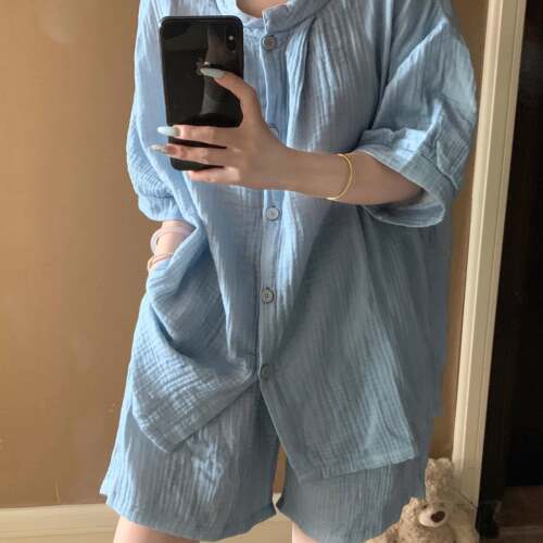 大尺码简约纯色棉纱睡衣女夏季2026新款短袖短裤双层棉纱家居服套