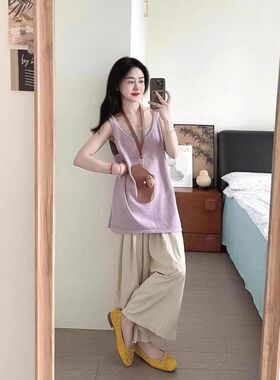 韩系紫色宽松显瘦无袖吊带背心女夏季休闲高腰直筒阔腿裤两件套装
