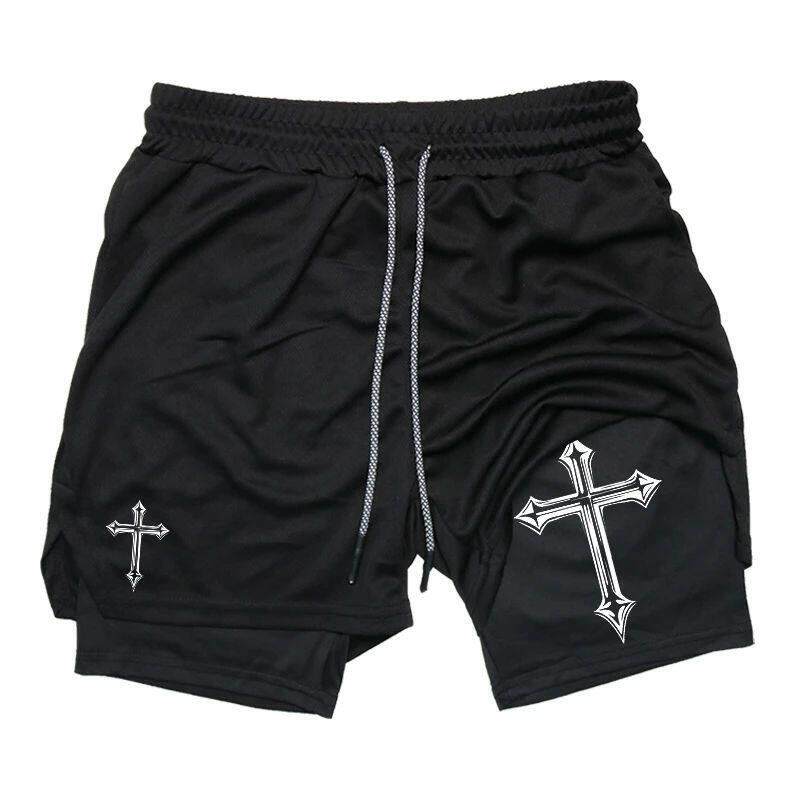 Cross Print 2 in 1 Workout Running Shorts for Men Gym Athle