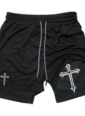 Cross Print 2 in 1 Workout Running Shorts for Men Gym Athle