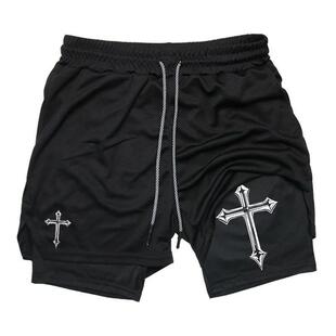 Cross Print 2 in 1 Workout Running Shorts for Men Gym Athle