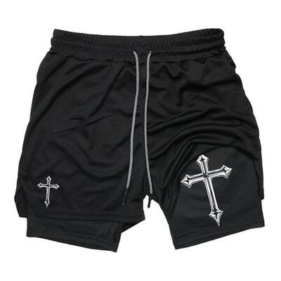 Cross Print 2 in 1 Workout Running Shorts for Men Gym Athle