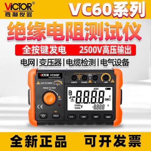 胜利绝缘电阻测试仪VC60B+数字兆欧表500V电子电工摇表绝缘表1000