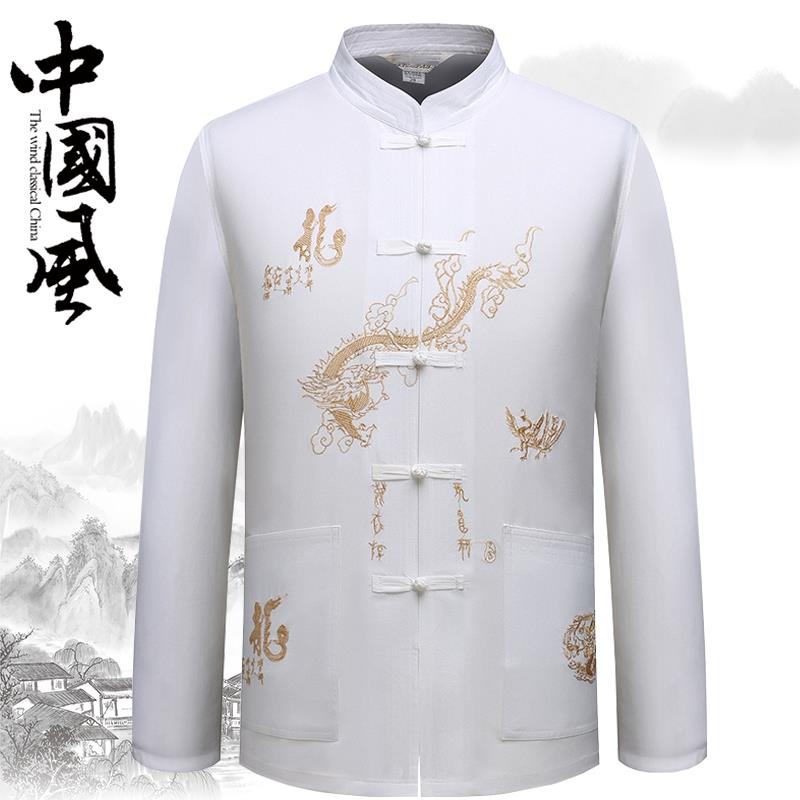 高档中老年人春夏装爷中爷装男唐长袖衬衫式秋立领刺绣爸爸晨练服