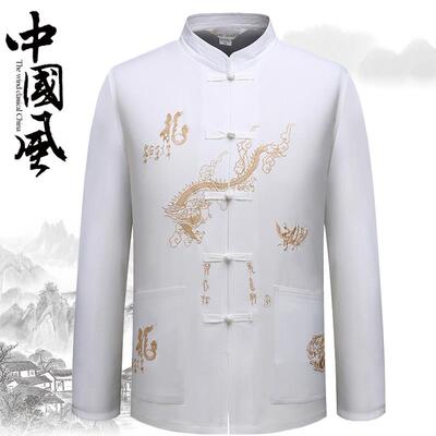 高档中老年人夏春秋装爷爷唐装男长领袖衬衫中式练立刺绣爸爸晨服