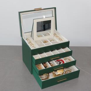 新款 PU皮饰品盒金华4层开窗首饰盒内置梳妆镜 高档五金抽屉式