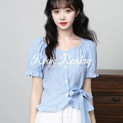 法国rouje renksy法式减龄方领格子泡泡袖收腰系带设计衬衫女夏季