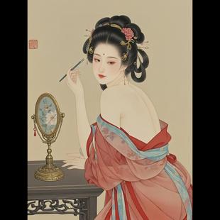 古代美女画眉图客厅卧室室内墙面装饰海报壁纸仕女图自粘贴新中式