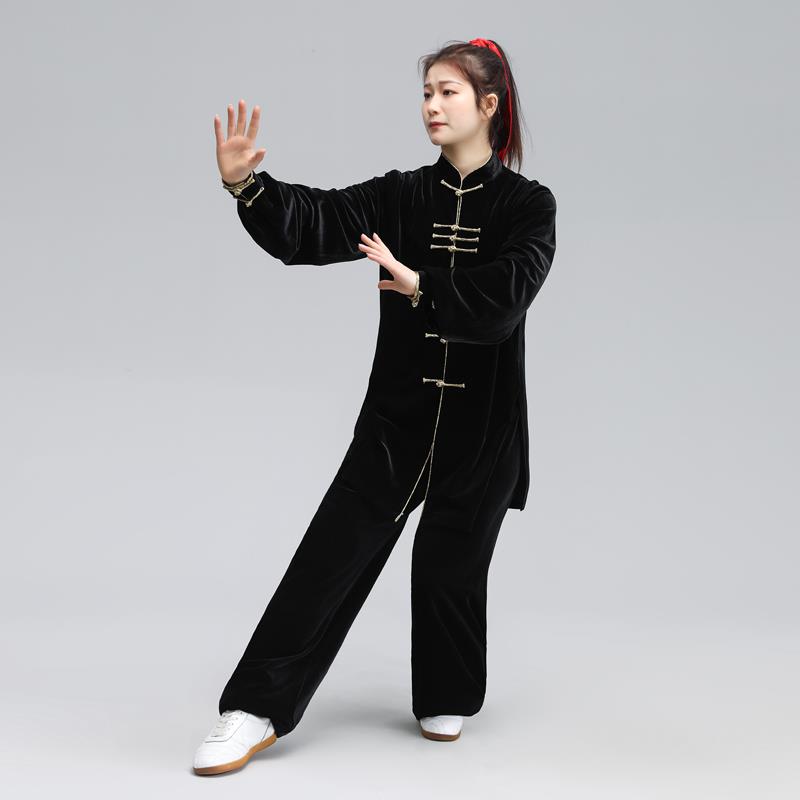 高档武运中老年太极服秋女冬加厚中长款韩练绒功国武术表演服男南