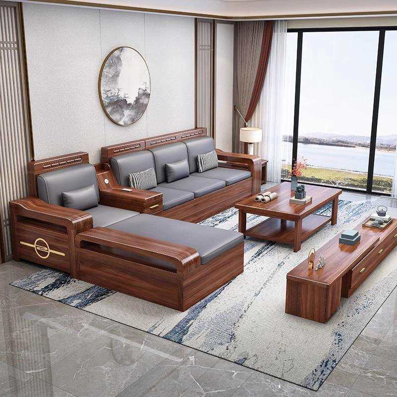 实木沙发组合中式转角贵妃冬夏两用大户型储物胡桃木布艺客厅家具