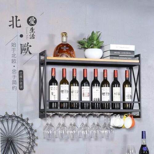 铁艺酒架壁挂墙上置物架创意餐厅装饰摆件架实木酒柜红酒杯架收纳