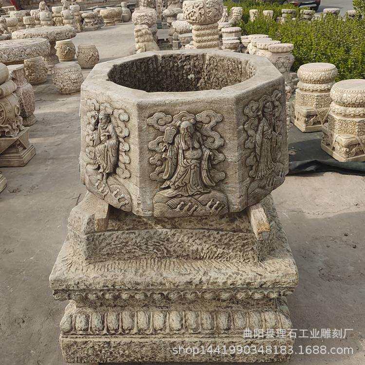 石雕井口汉白玉做旧井圈八仙浮雕图案仿古井台庭院景区装饰摆件