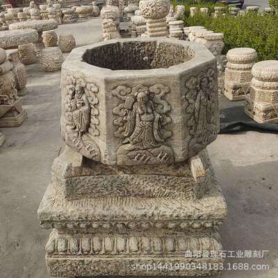 石雕井口汉白玉做旧井圈八仙浮雕图案仿古井台庭院景区装饰摆件