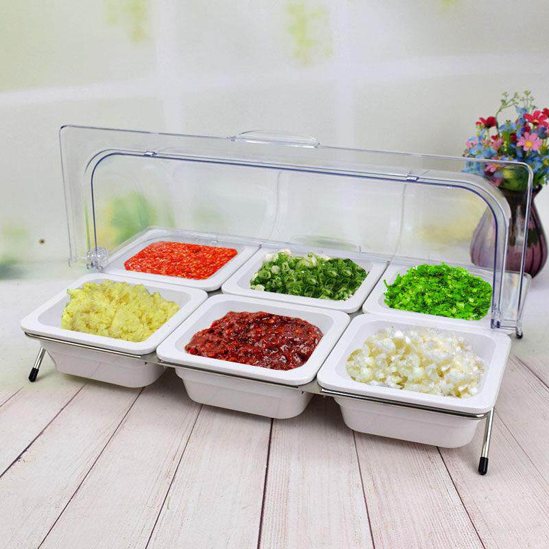 火锅店调料台小料小吃盒密胺分格水果盘带盖子自助餐酱料小菜展示