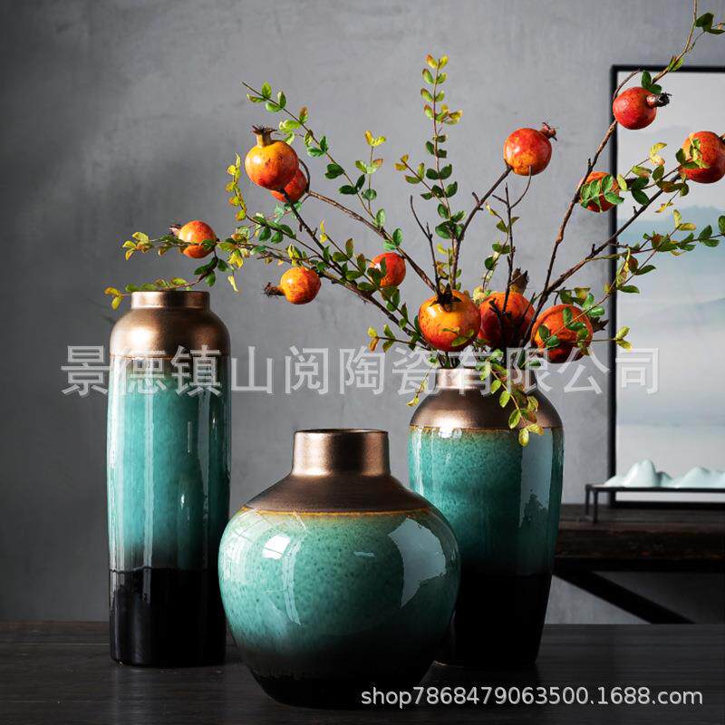陶瓷器酒店别墅中式黑金花瓶客厅玄关花插花器装饰陶罐摆件