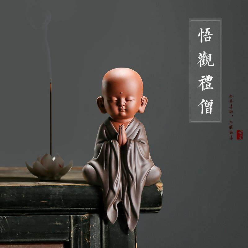 云尚中式禅意和尚礼僧陶瓷摆件 摆设古典工艺品茶道家居装饰紫砂
