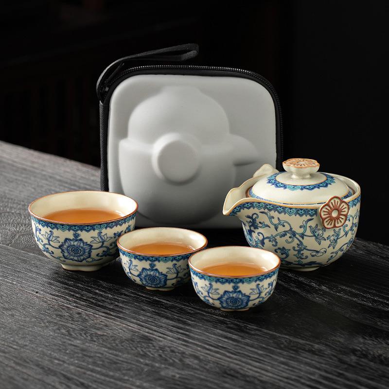 汝窑便携式旅行茶具套装简易户外手抓泡茶壶茶杯青花瓷露营快客杯