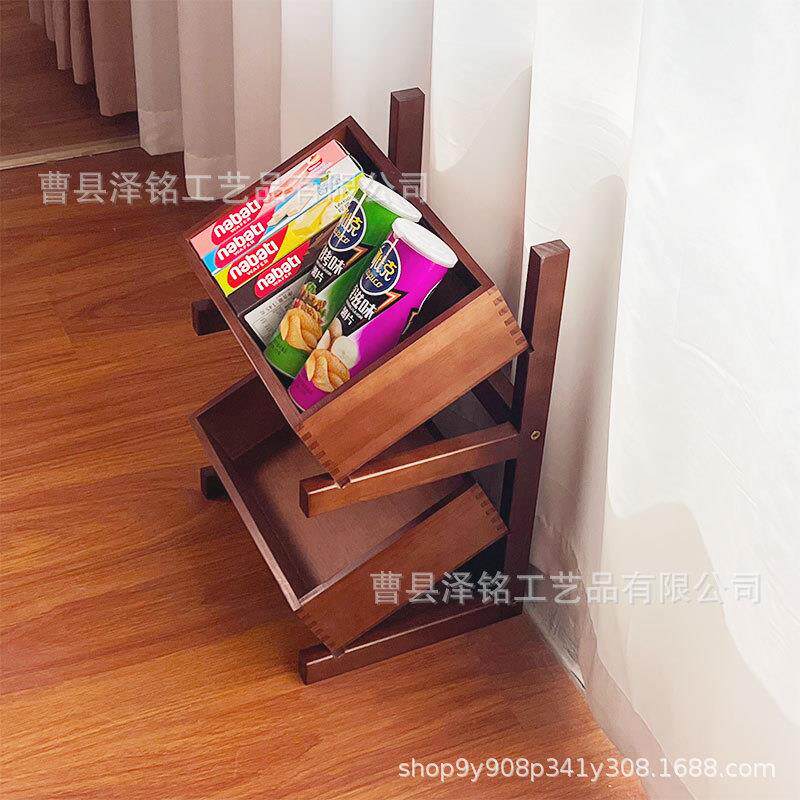 现货中古风地式落物架木制置双层杂收纳架客厅装饰水物木质置物果