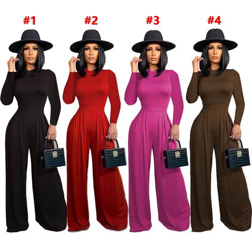 Women's long sleeved jumpsuit+wide leg pants set