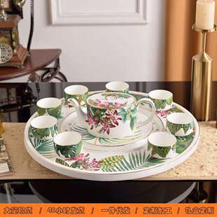 2024新款豪华现代圆形陶瓷茶盘热带雨林家用小型茶托盘排水带