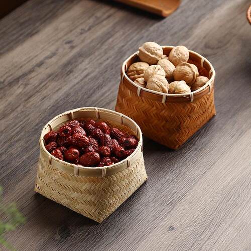 竹制品手工竹编筐干果盒家用桌面收纳筐中式复古竹篓零食水果篮子