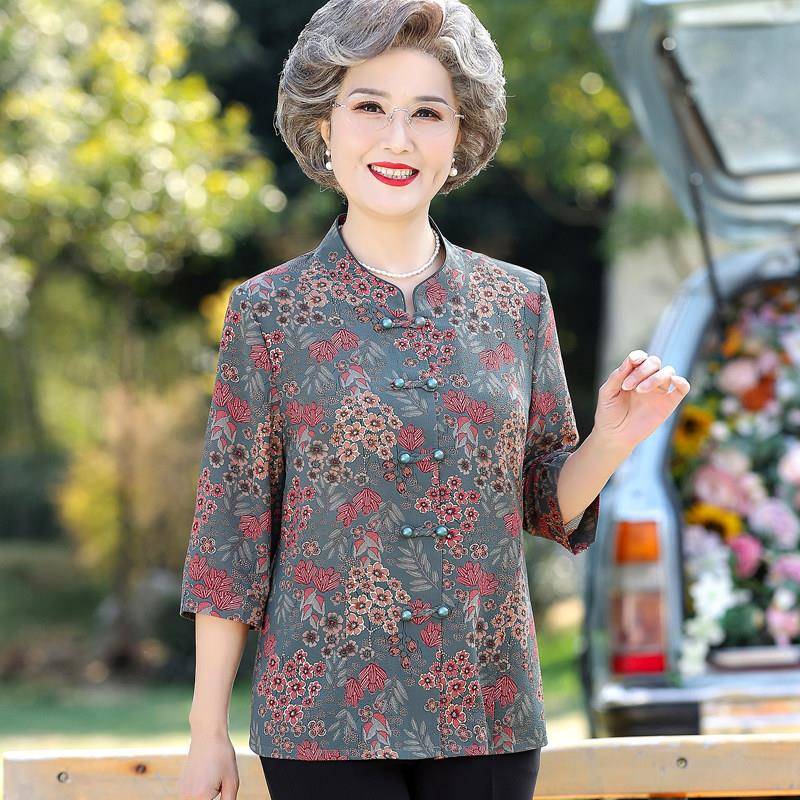 老年人夏装女七分袖衬衫妈妈太太五分袖衬衫服装70岁80奶奶唐装套