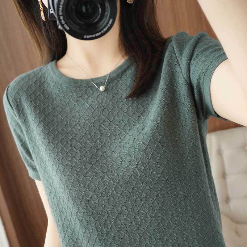 冰丝针织衫女短袖T恤夏季2025新款宽松洋气薄款胖mm显瘦短款上衣