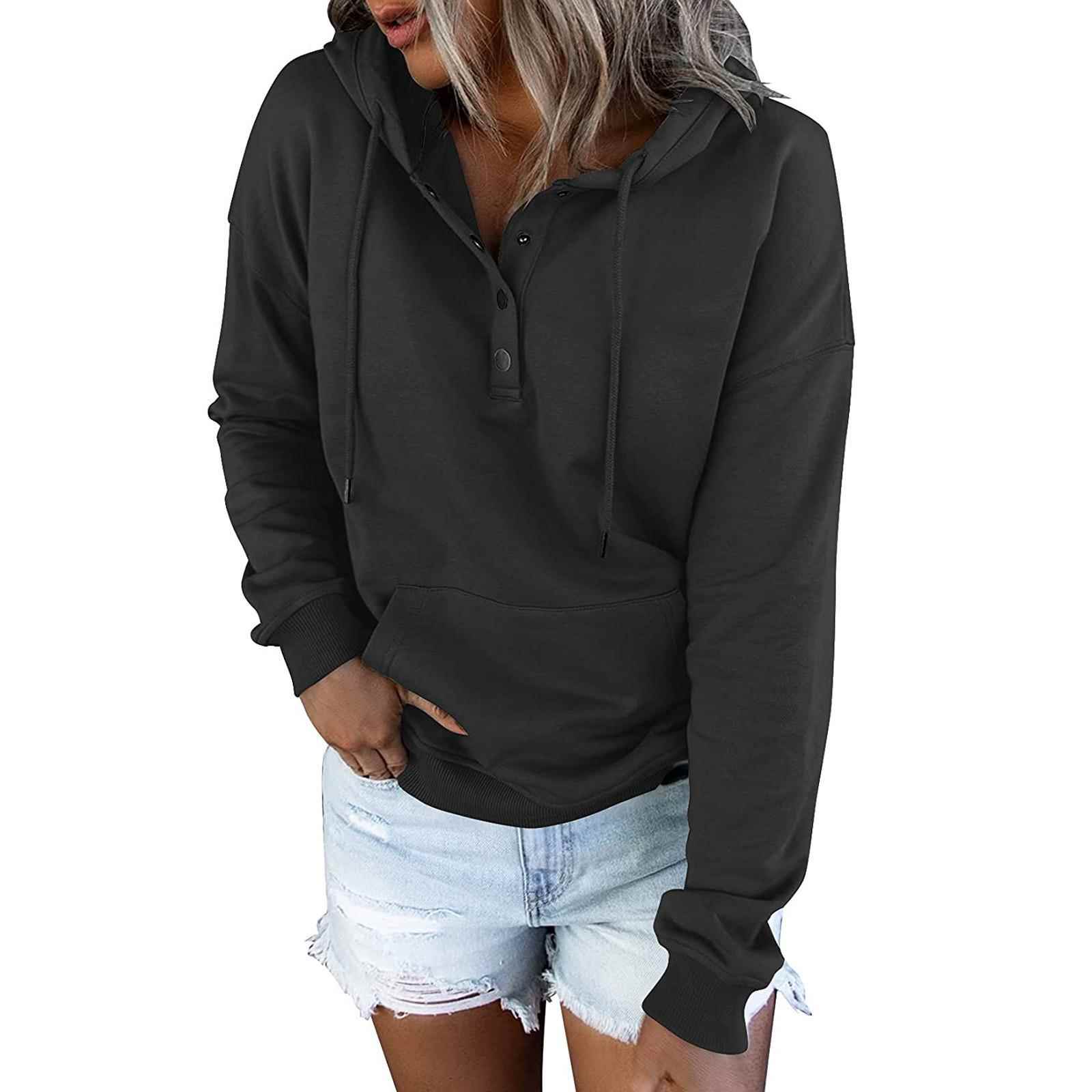 sweatshirt long loose hooded pocket sleeve Womens casual