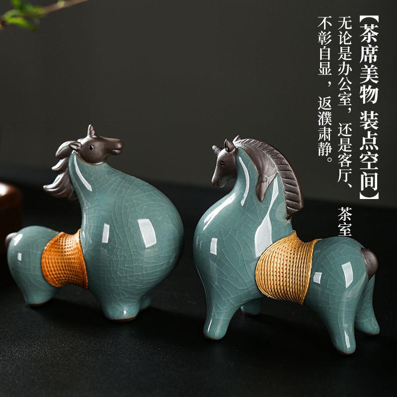 竹编竹丝扣瓷陶瓷马摆件创意家居客厅书架装饰品桌面竹编工艺品
