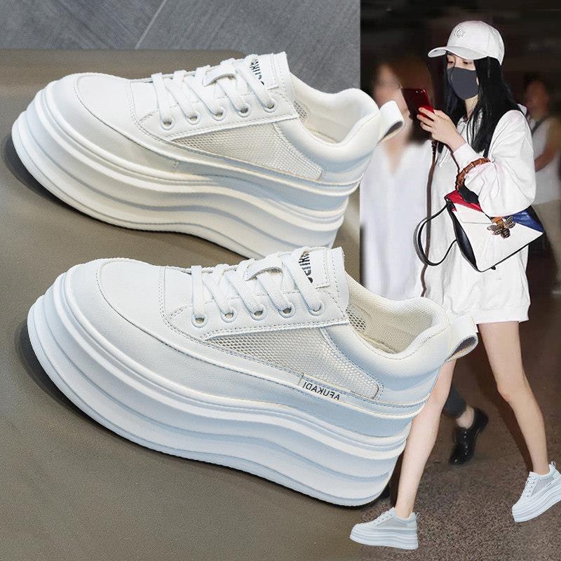8厘米高度增加~隐形的春夏小真皮网眼白色女鞋,透气和多功能休闲