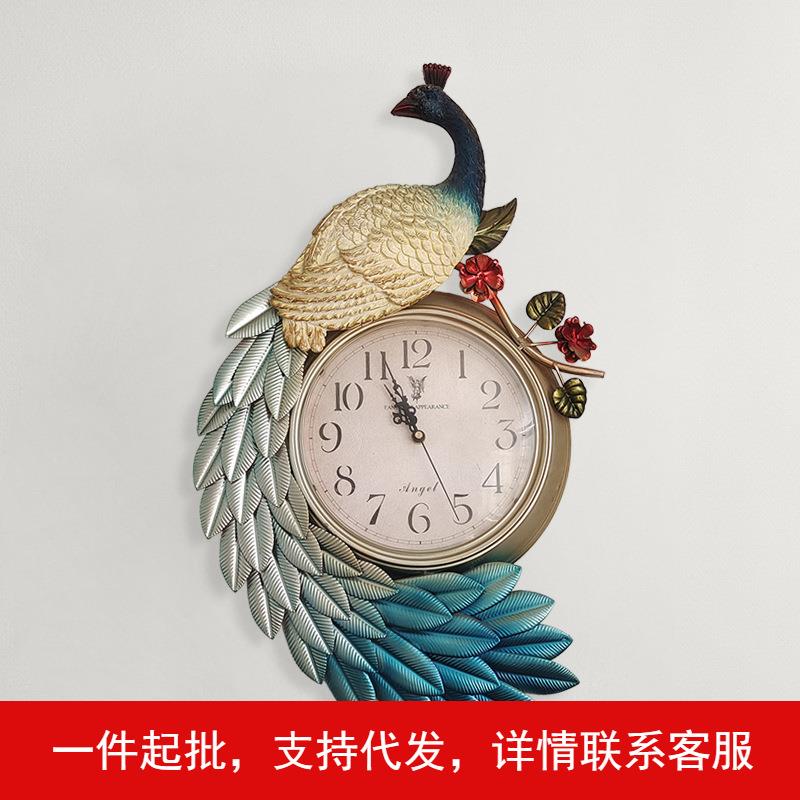 壁艺家饰新中式挂钟免打孔时钟挂墙家用厂家直销一件孔雀钟表