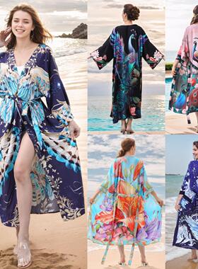 Women's Peacock Print Kimono Cover Up, Casual Long Sleeve Op