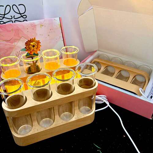榉木座木质插花摆件木水植物水培器办公室桌面灯饰品实木发光底座