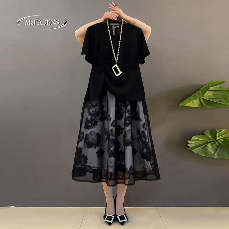 香港欧货夏款大尺码女装胖妹妹mm高级感减龄显瘦T恤半身裙两件式