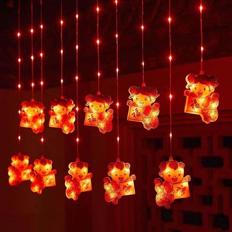 新款红灯笼串灯新年窗帘灯福娃中国结挂灯led春节灯笼装饰灯