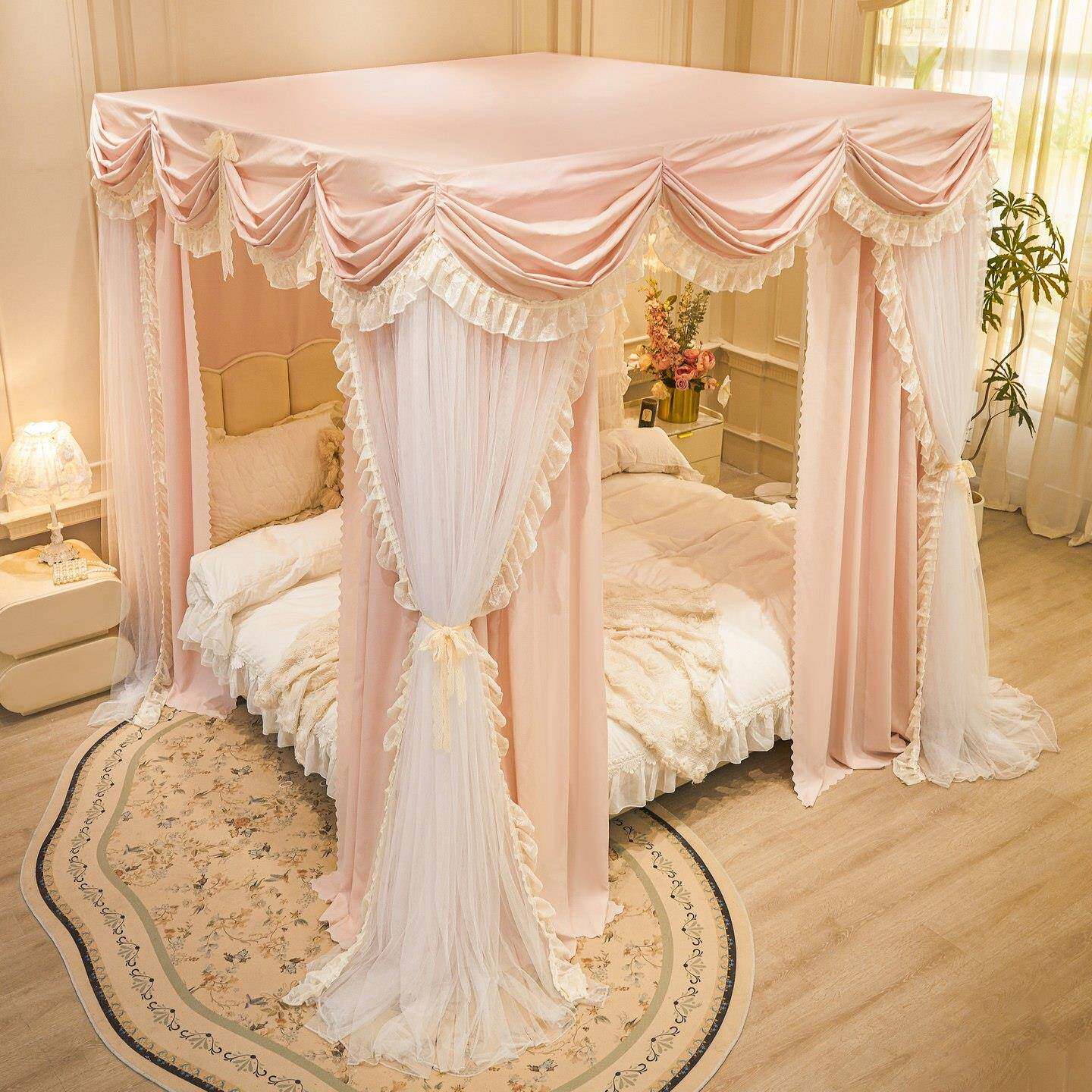 双层法式布帘纱公主双杆帐宫QCG廷落地床幔遮光蚊帐加厚粗加铁风