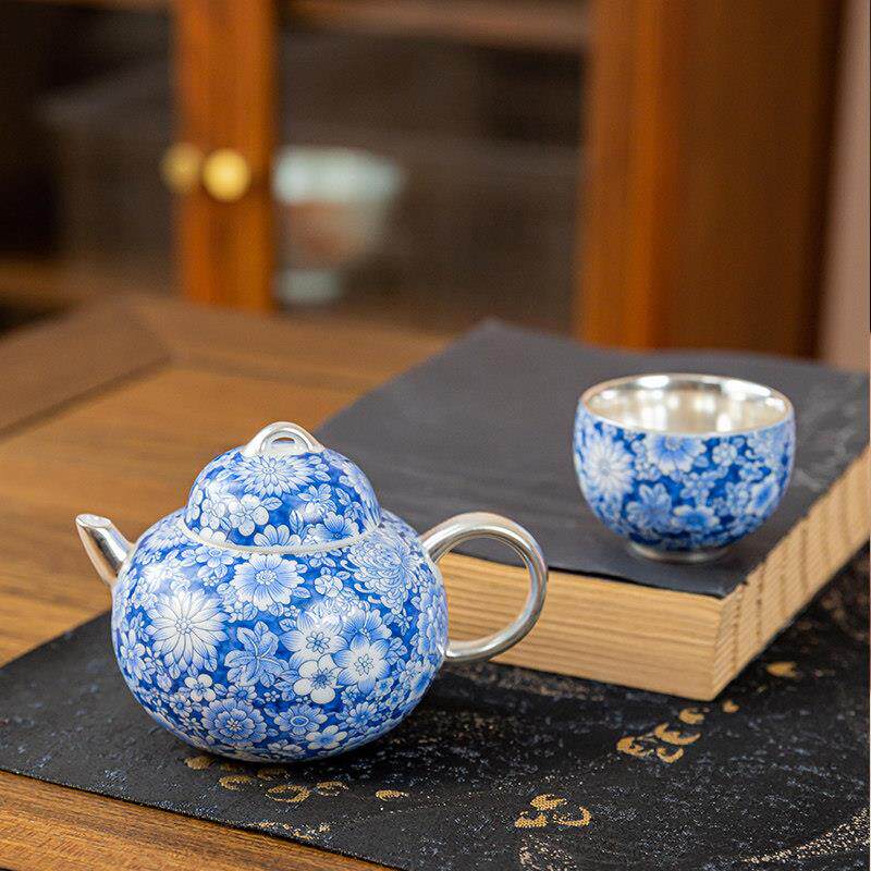 手绘青花小茶壶陶瓷功夫茶具泡茶壶家用鎏银一壶一杯小套装一人饮