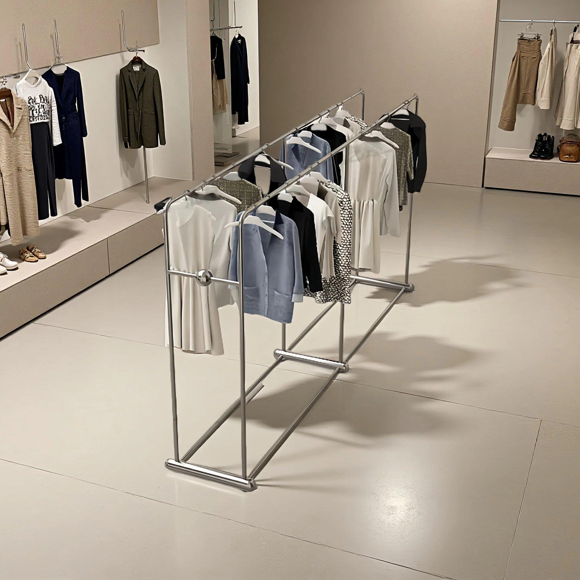男女装店中间陈列货架服装店展示架落地中岛架不锈钢双排挂衣架