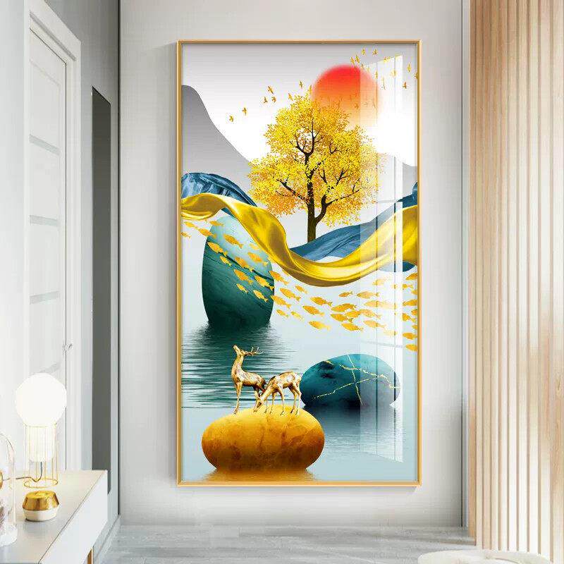 入户玄关装饰画麋鹿招财竖版走廊过道壁画轻奢风抽象客厅墙面挂画